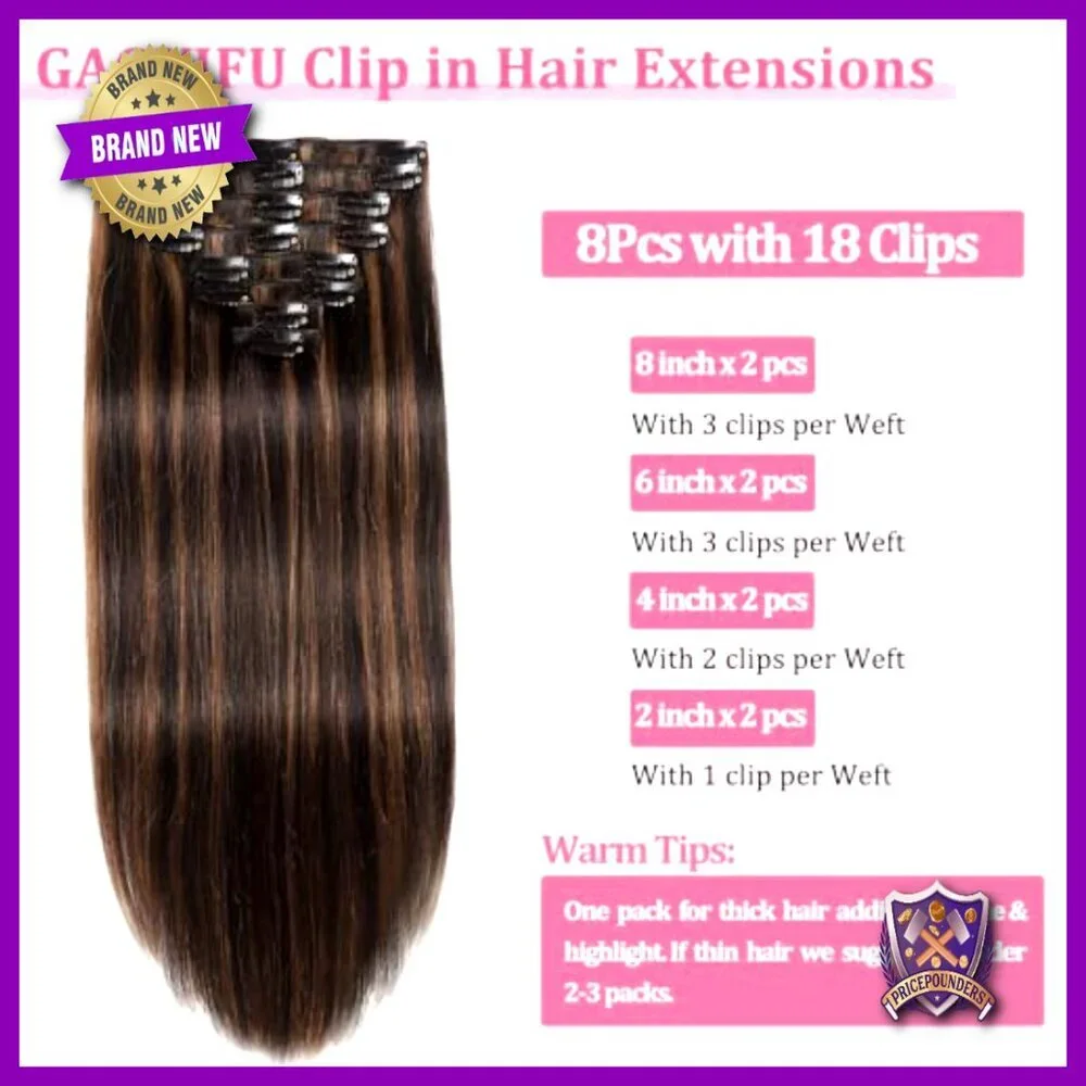 8Pcs Clip In Human Hair Extensions 16 Inch Straight Double Weft